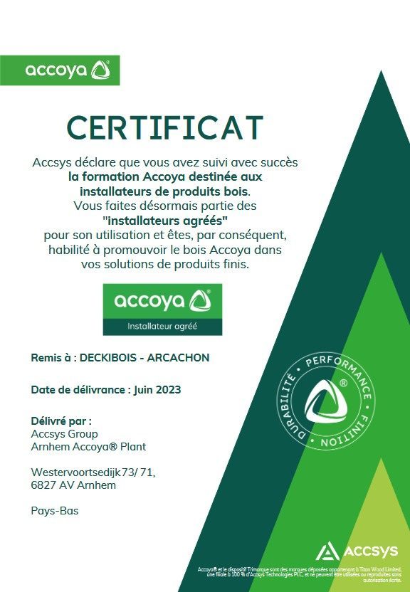 Certificat installateur agréé ACOYA délivré par Accsys Group en juin 2023